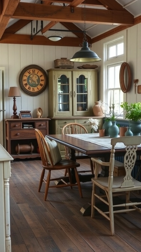 A cozy dining area featuring vintage furniture, wooden beams, and plants.