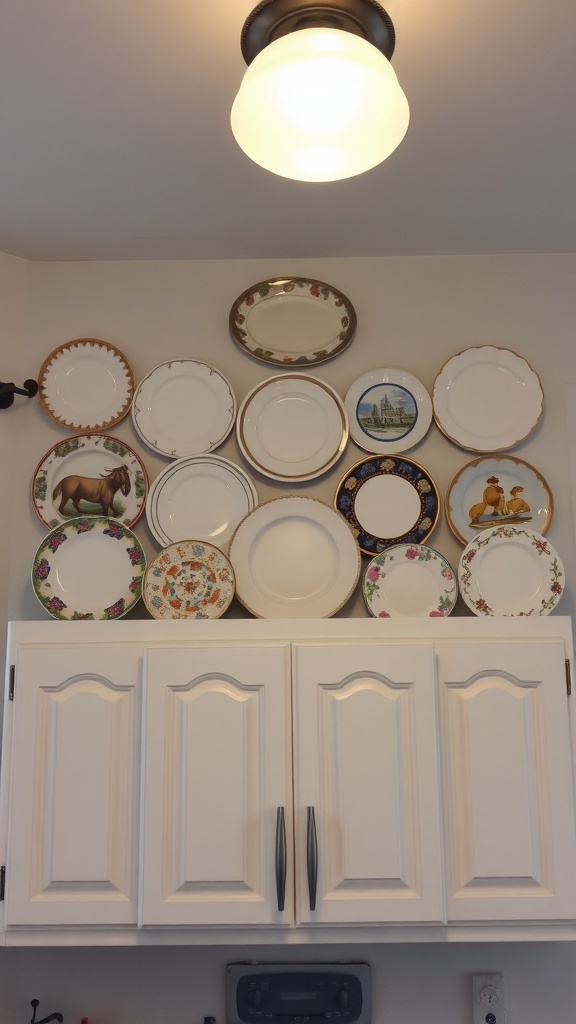 Vintage plates displayed above kitchen cabinets in a charming arrangement.