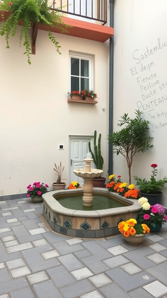 A small courtyard featuring a fountain surrounded by colorful flowers and plants.