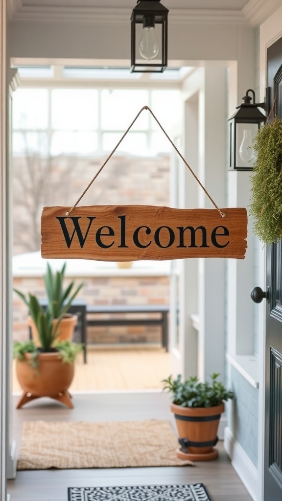 A wooden welcome sign hanging in a bright entryway with plants and a rug.