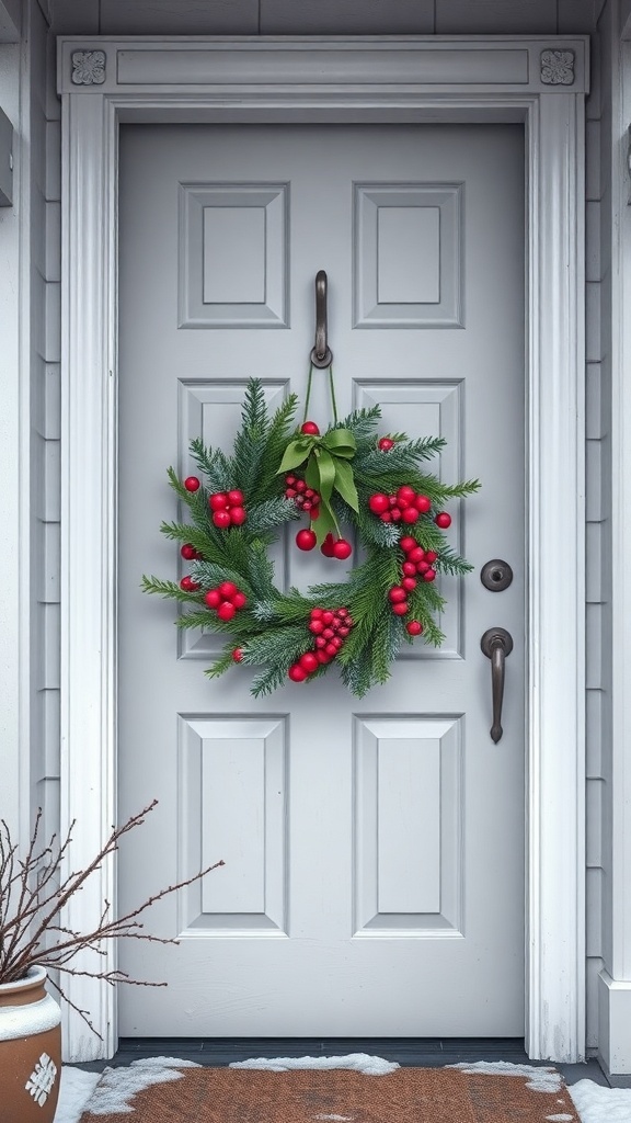 A winter wreath with red berries and greenery hanging on a gray door