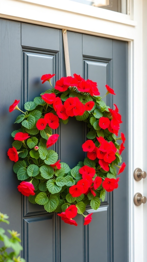 A vibrant red geranium wreath on a blue front door.