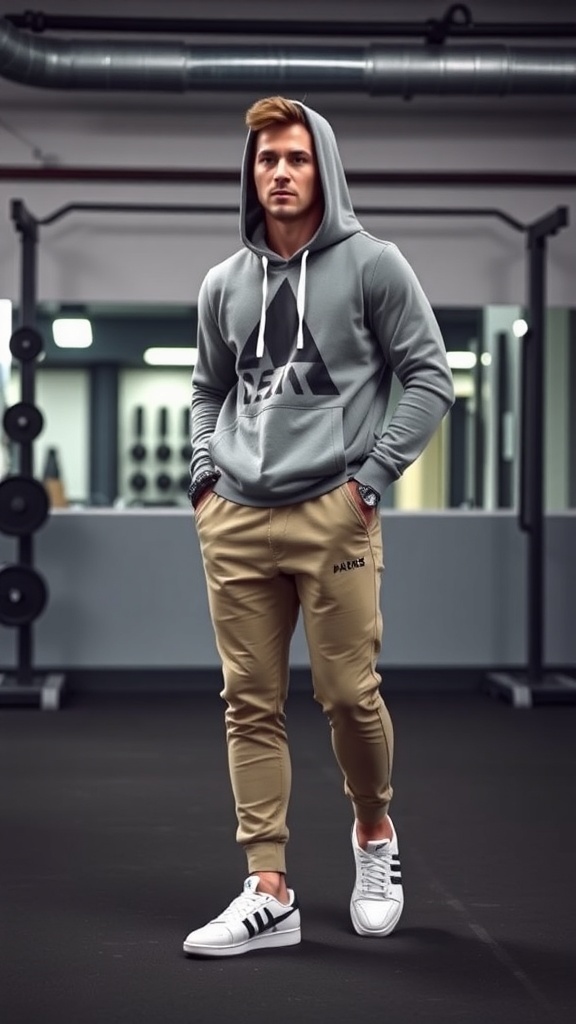A man wearing a gray hoodie, beige joggers, and white sneakers with black stripes, standing in a gym setting.