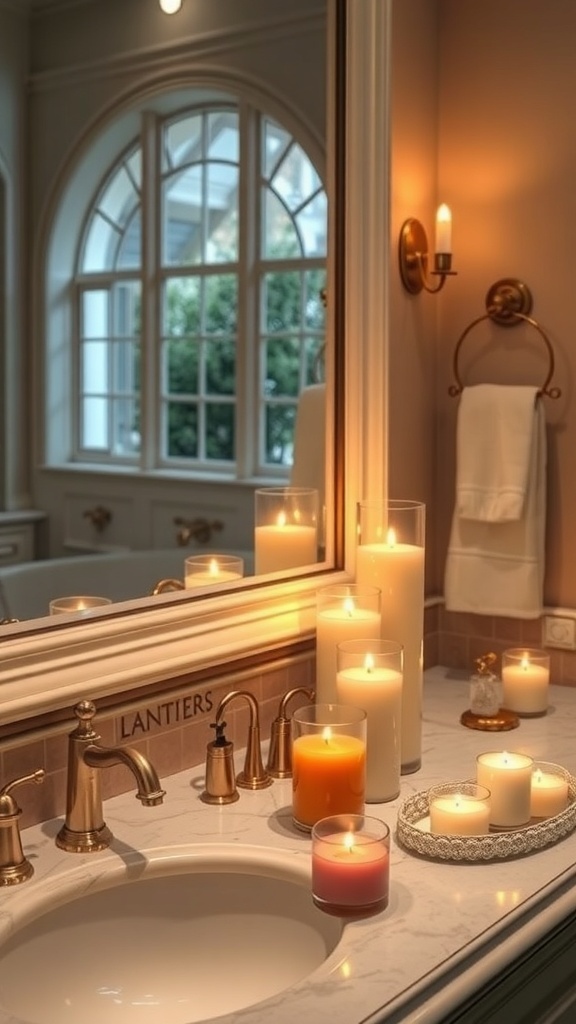 A stylish bathroom counter with various candles arranged for decor.