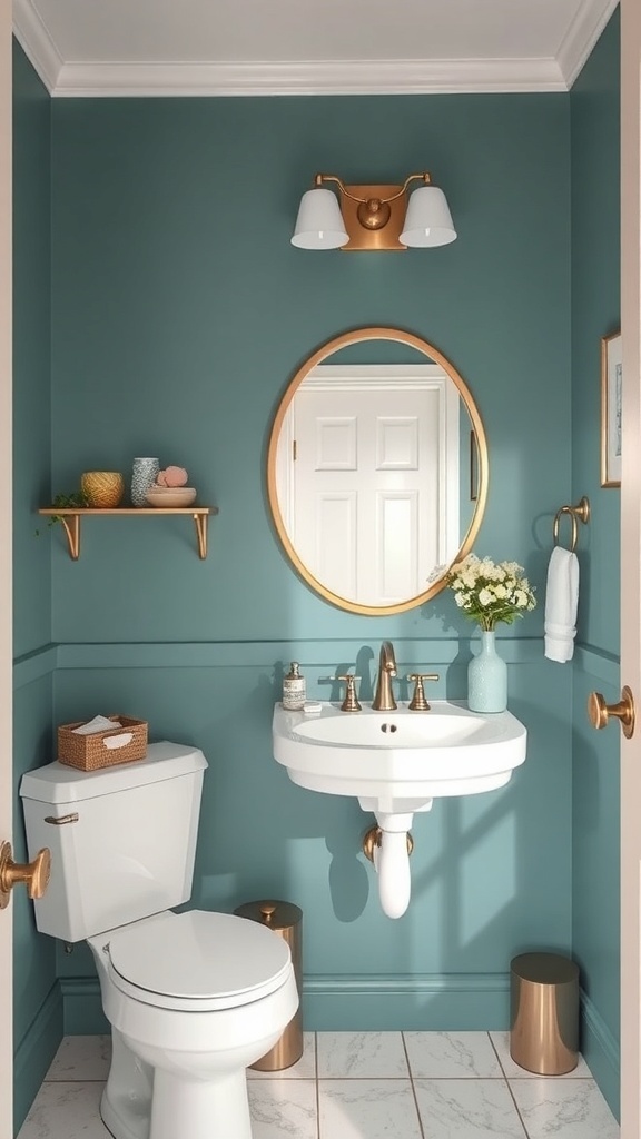 A chic powder room featuring teal walls, gold accents, and a modern sink.