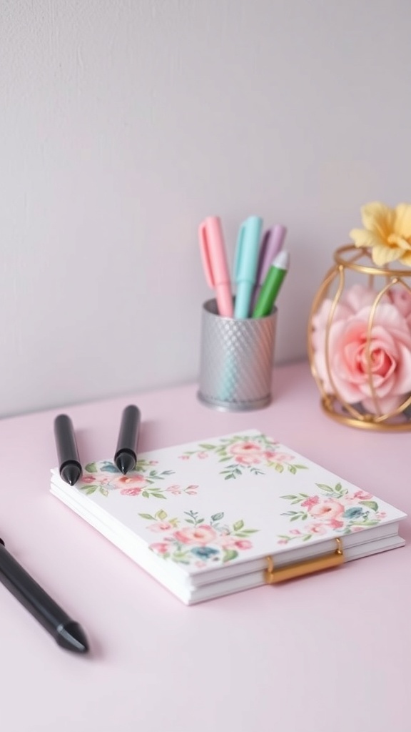 Desk accessories including floral notepad, colorful pens, and a decorative flower holder.