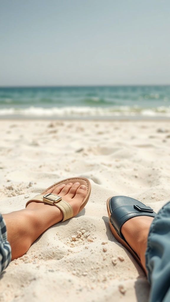 Two pairs of sandals on a sandy beach with the ocean in the background