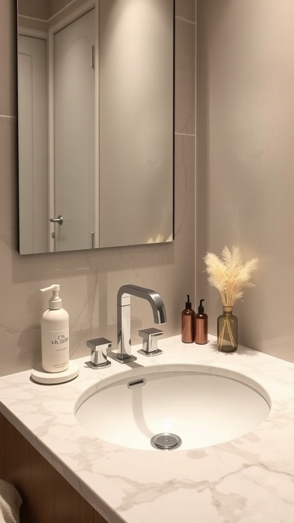 A chic bathroom sink with marble countertop, modern faucet, and decorative elements.