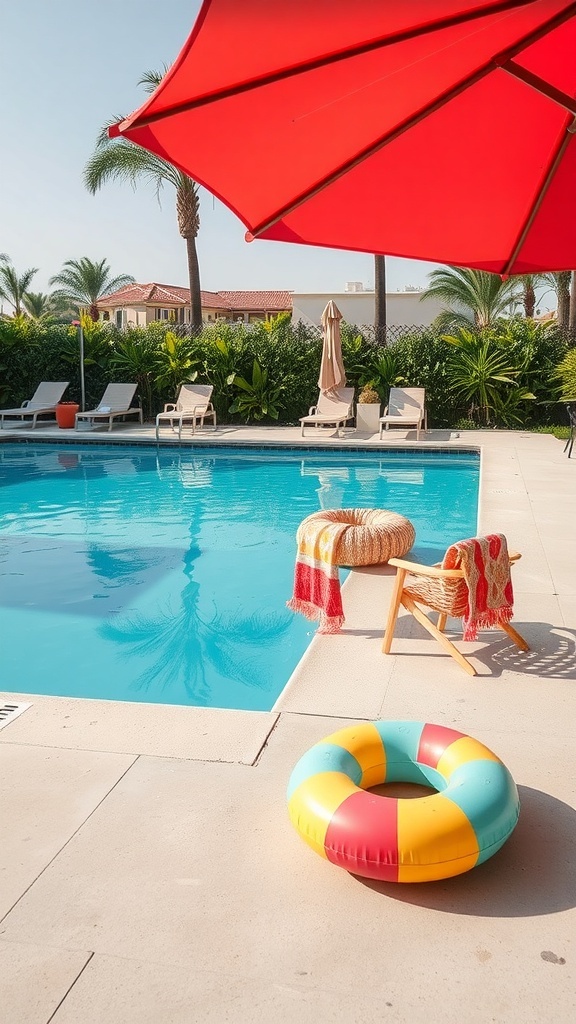 A stylish poolside scene featuring a bright red umbrella, lounge chairs, a fluffy towel, and a colorful pool float.