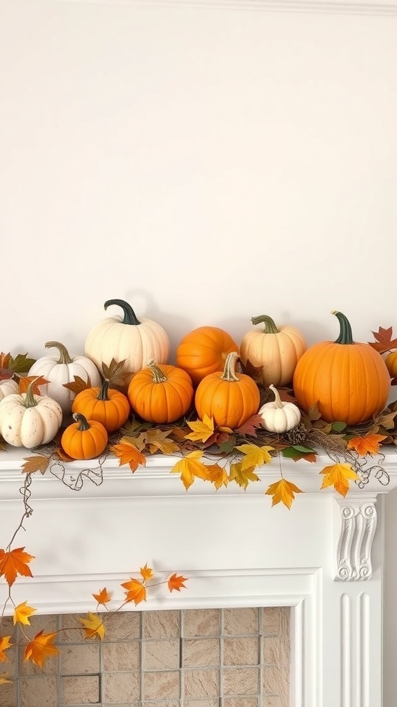A stylish arrangement of pumpkins in various sizes and colors on a mantel, surrounded by autumn leaves.