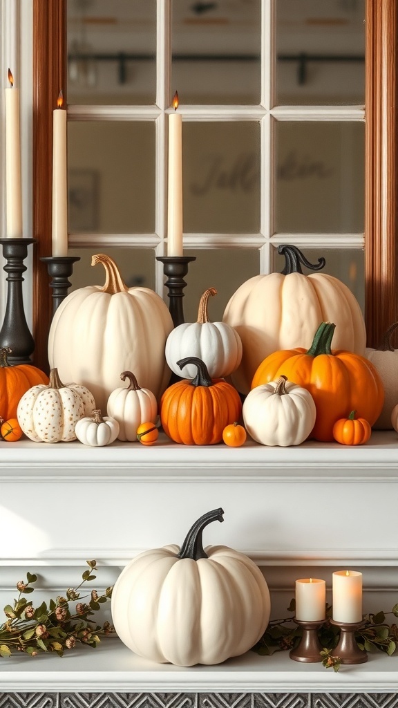 Chic pumpkin arrangements on a mantel with candles and greenery.