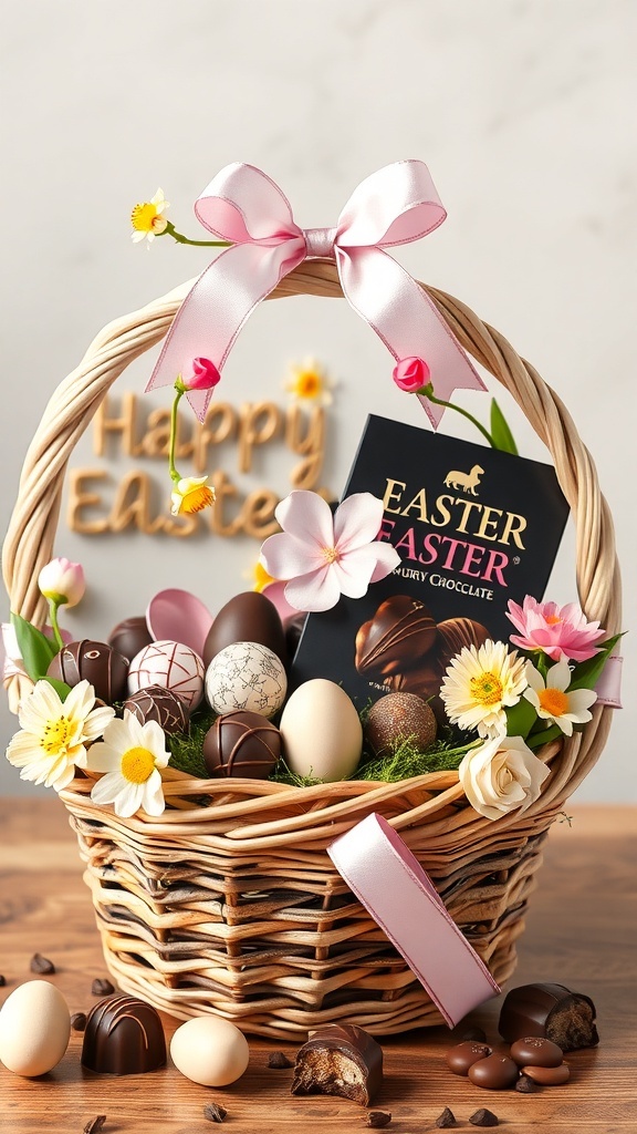 A beautifully arranged Easter chocolate basket with flowers and a pink ribbon.