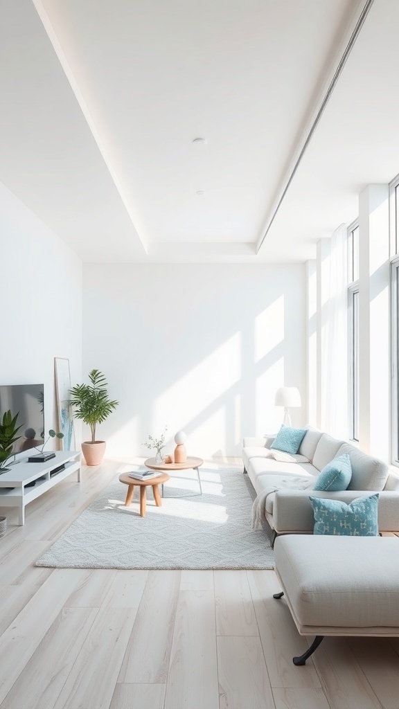 Bright and airy long living room with soft colors and modern furniture.