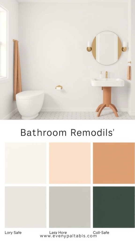 A modern bathroom with a light color palette and a selection of calming colors below.