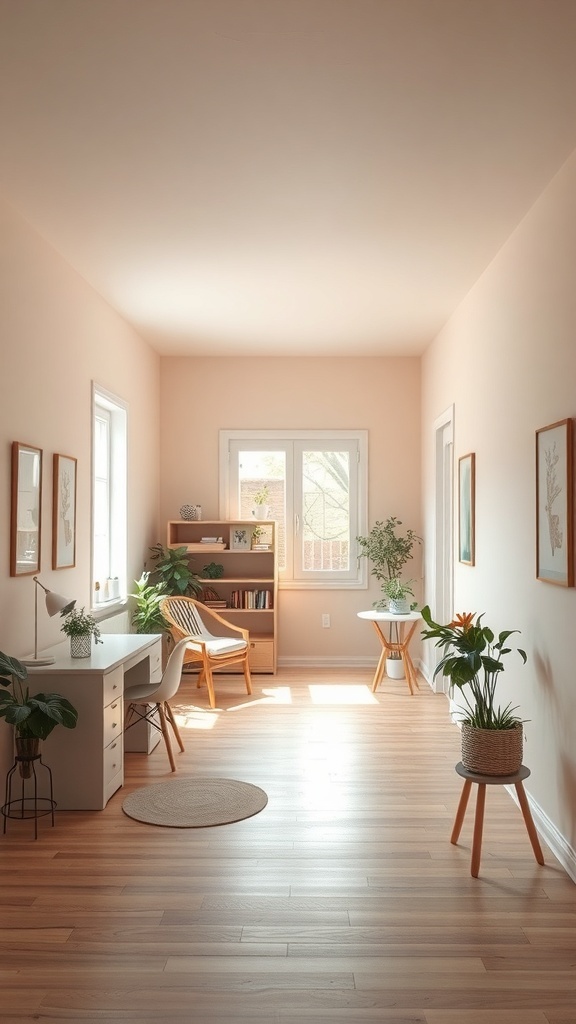A bright and airy studio apartment with light peach walls, wooden flooring, and minimal furniture.