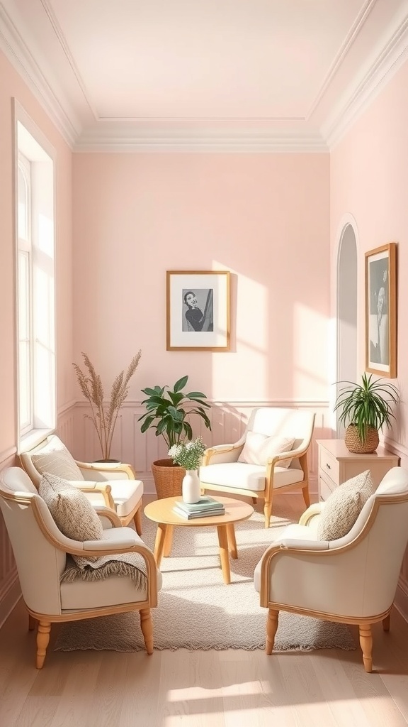 Cozy small sitting room with light pink walls and cream furniture.