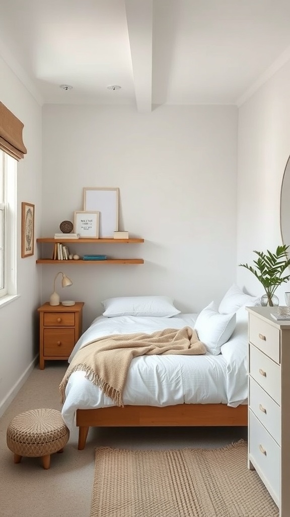 A small, minimalist bedroom featuring a bed with white linens, a wooden nightstand, open shelving with decorative items, and a cozy rug.
