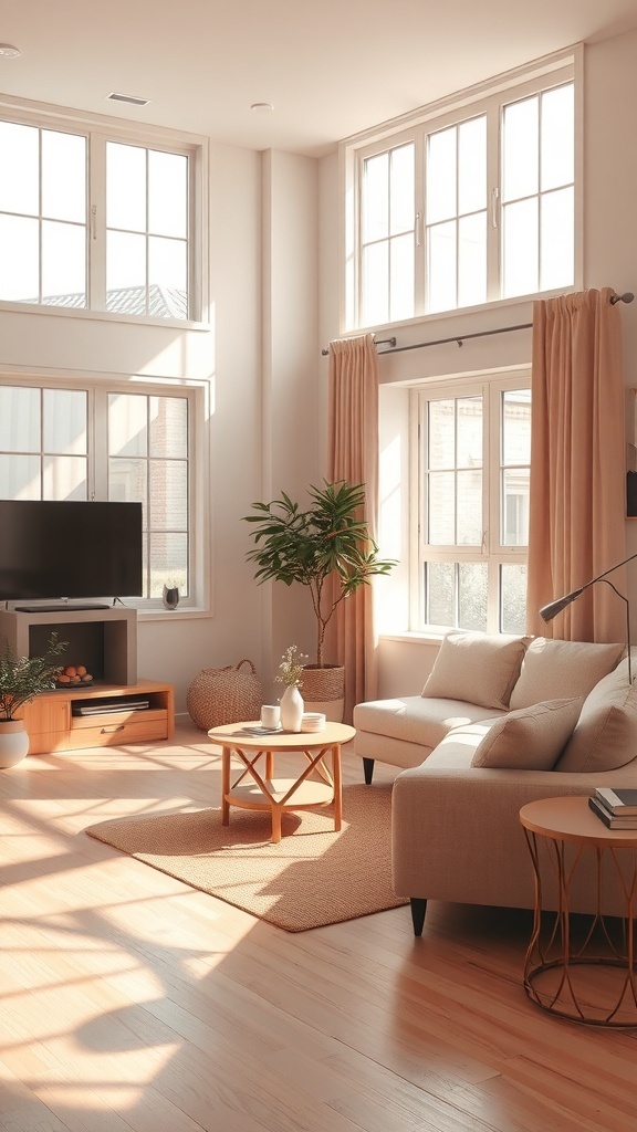 Bright and airy small living room with light colored walls and furniture.