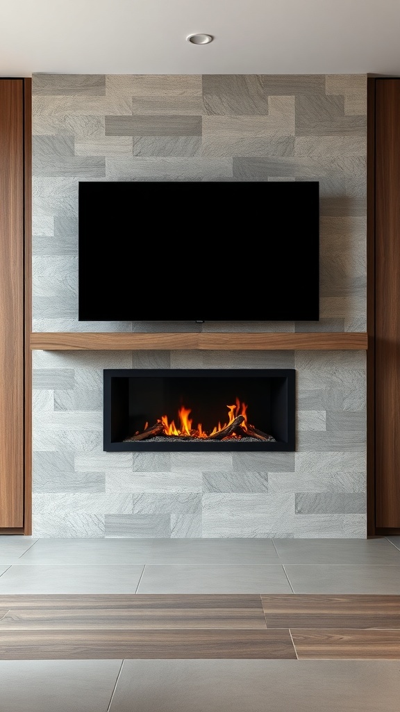 A modern fireplace TV wall featuring a sleek design with a mounted TV above a contemporary fireplace.