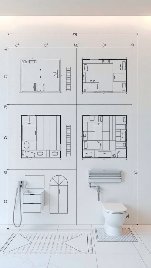Blueprints of various bathroom layouts on a wall