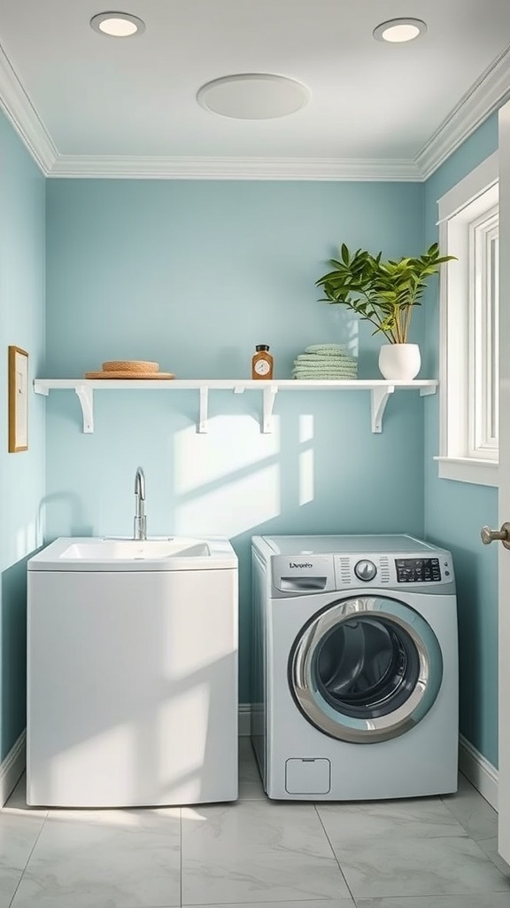A bright laundry room with soft blue walls, white appliances, and a plant on a shelf.