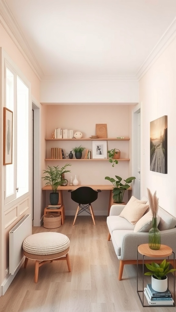 A cozy small apartment living area with light peach walls, a gray sofa, wooden shelves, and plants.