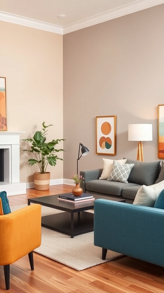 A stylish living room featuring teal and orange chairs, beige walls, and a coffee table with decorative items.