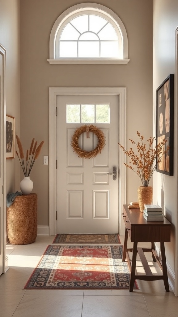 A warm and inviting entry foyer with beige walls, a decorative rug, and stylish decor elements.
