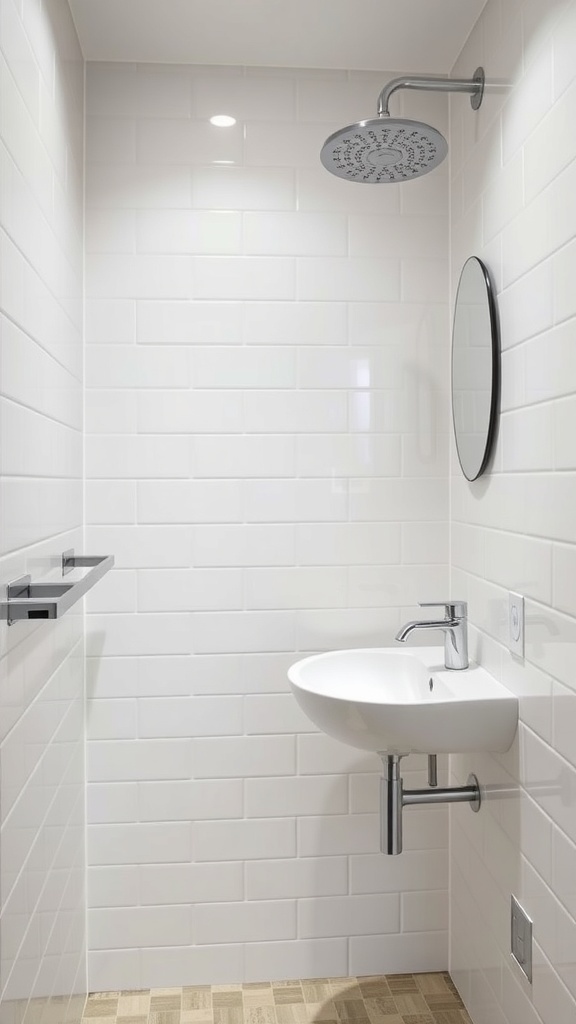 Modern small bathroom with white tiles, a sleek showerhead, and a compact sink.