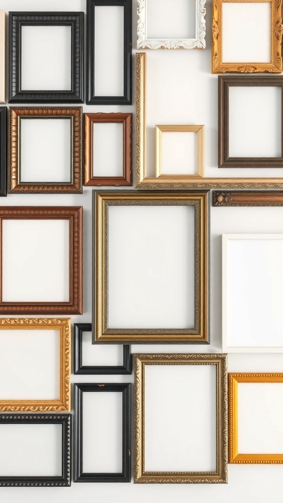 A variety of picture frames in different colors and styles arranged on a wall.