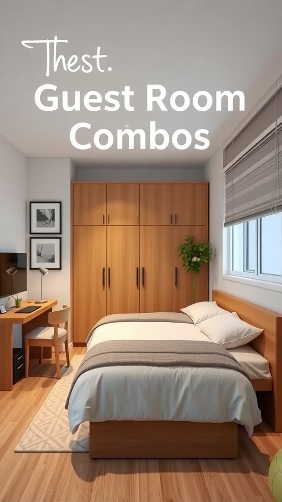 A cozy guest room with a bed, desk, and wardrobe, showcasing a functional design.