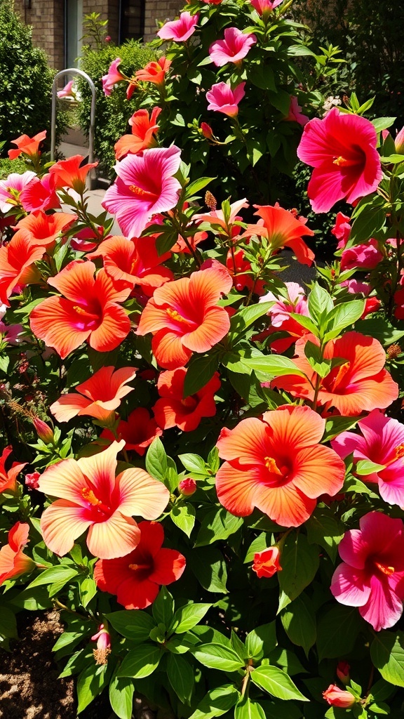 A vibrant garden filled with red and pink hibiscus flowers in full bloom.