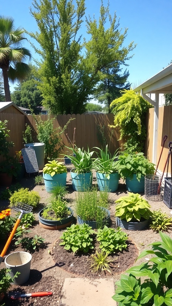 A sunny kitchen garden with various plants in pots and a clear pathway.