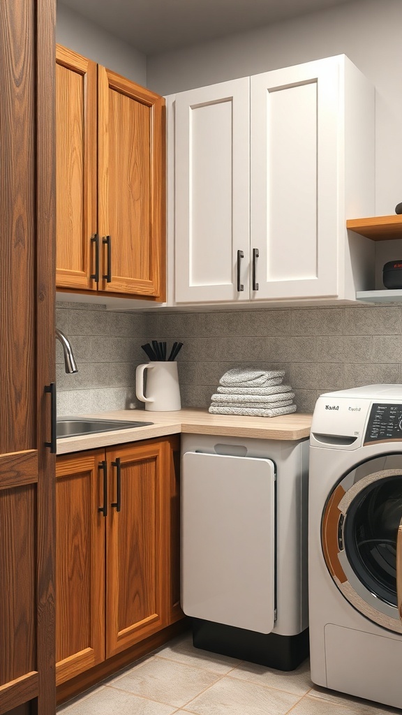 A modern laundry room featuring wooden and white cabinets, a sink, and a washing machine.