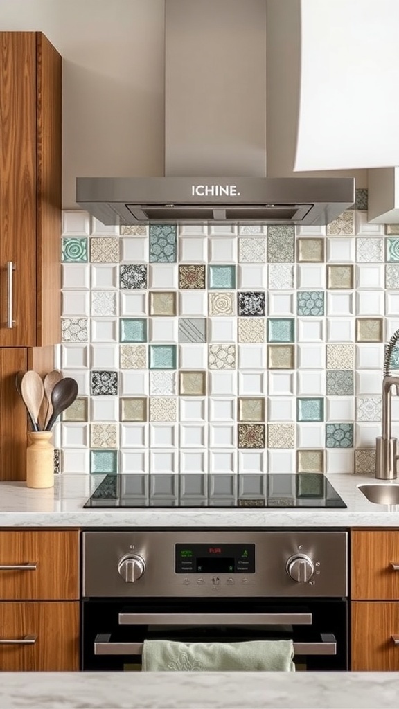 A stylish kitchen backsplash featuring a mix of colorful tiles with a modern stove and wooden cabinets.