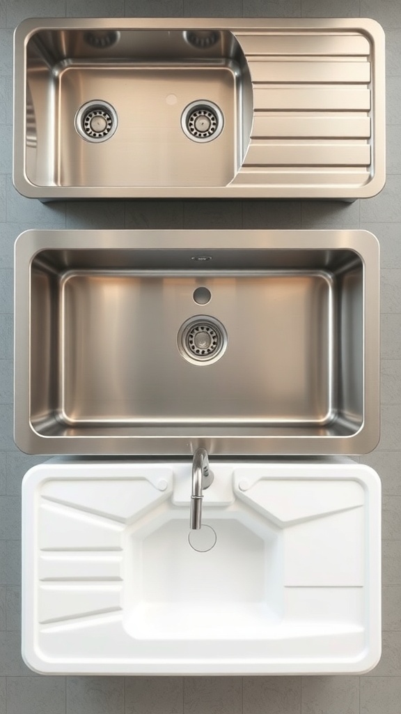 Two kitchen sinks: a stainless steel sink on top and a white composite sink below.