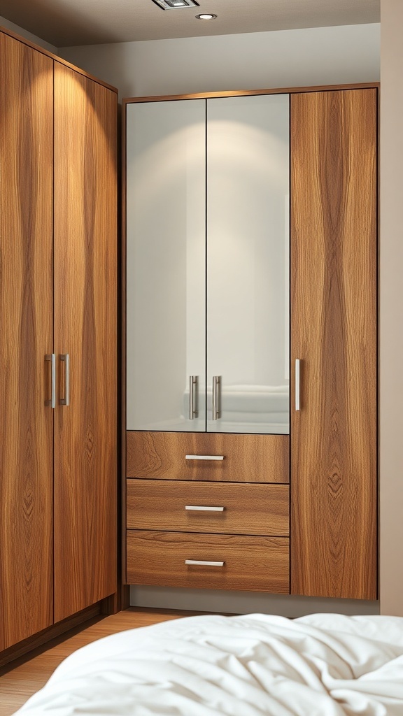 A modern wooden wardrobe with glass doors and metal handles in a bedroom setting.