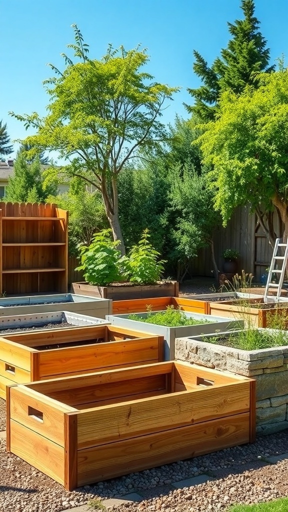 A sunny garden featuring various raised garden beds made of wood and metal surrounded by greenery.