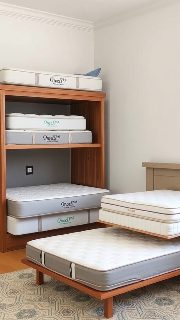 A collection of mattresses stacked for a Murphy bed setup, showcasing different thicknesses and designs.