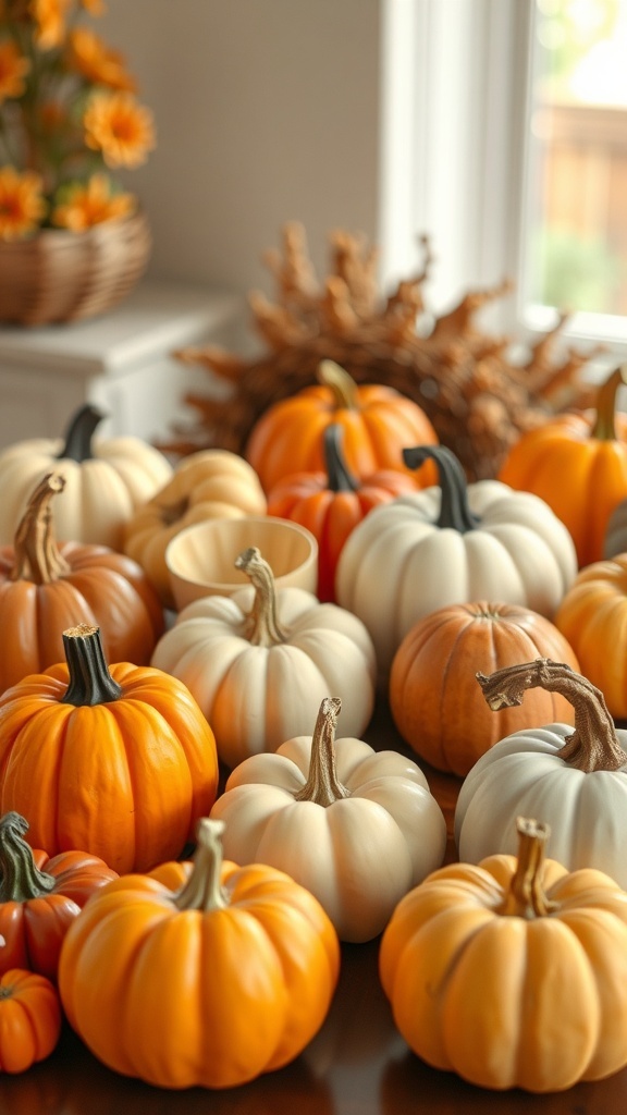 A variety of pumpkins in different colors and sizes ideal for a wreath.