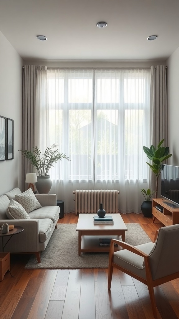 A cozy small living room with a sofa, armchair, and coffee table.