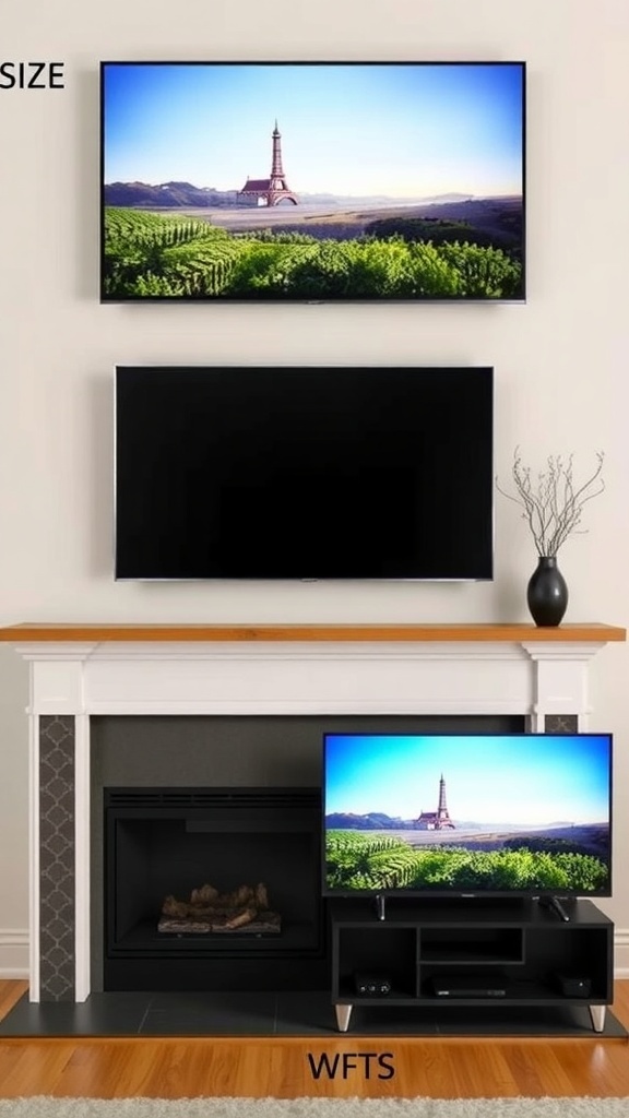 A stylish living room setup featuring a large TV mounted above a fireplace and a smaller TV on a stand.