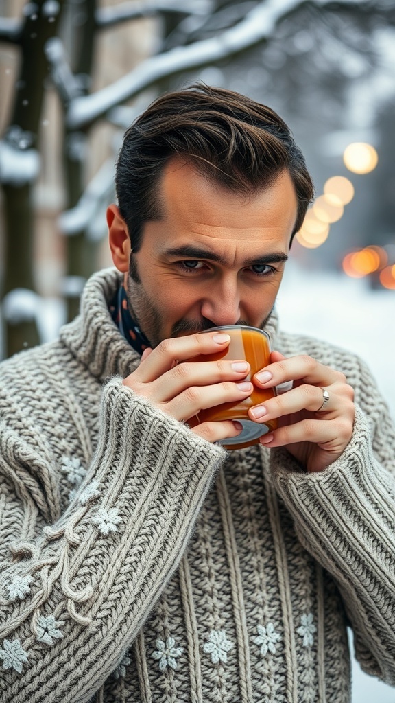 A man in a chunky knit sweater holding a warm drink in a snowy setting.