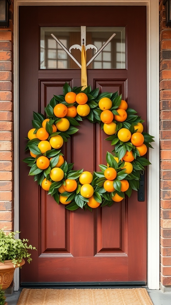 A vibrant citrus wreath featuring oranges and green leaves on a front door.