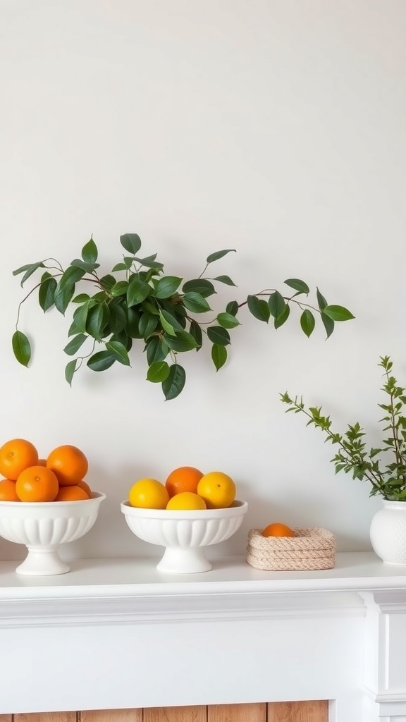 A mantel decorated with white bowls of oranges and green leaves.
