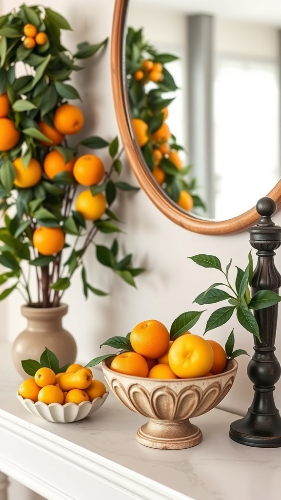 A summer mantel decor featuring citrus fruit displays with oranges in bowls and a decorative tree.