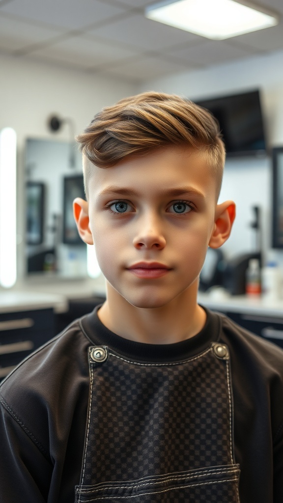 A young boy with a classic crew cut hairstyle, looking stylish and neat.