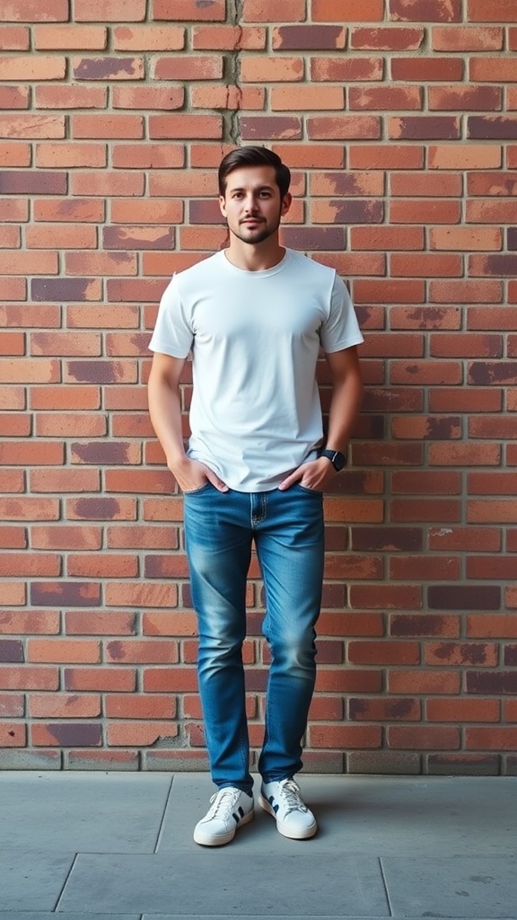 A man wearing a white t-shirt and blue jeans standing against a brick wall.