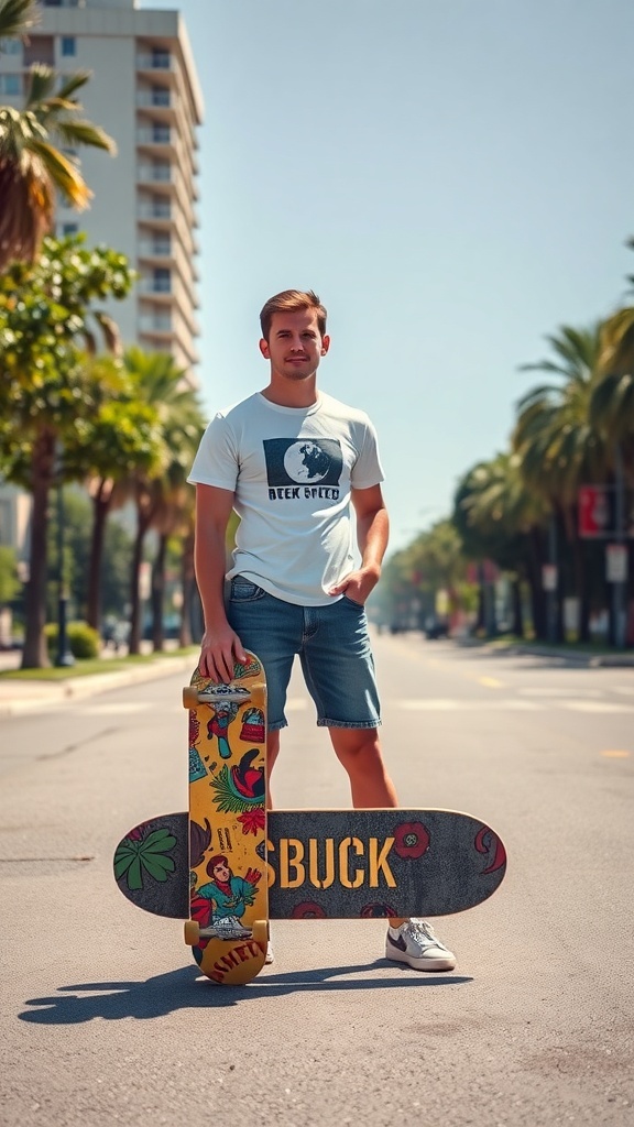 A young man wearing denim shorts and a graphic tee, holding a skateboard on a sunny street.