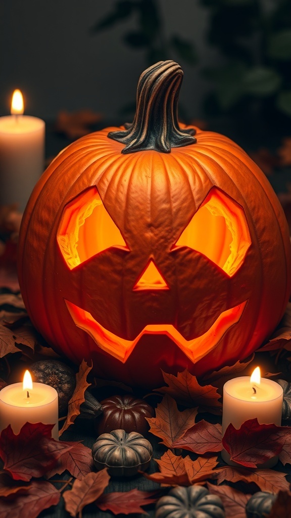 A carved pumpkin with a classic Jack-o'-lantern face, glowing from within, surrounded by candles and autumn leaves.